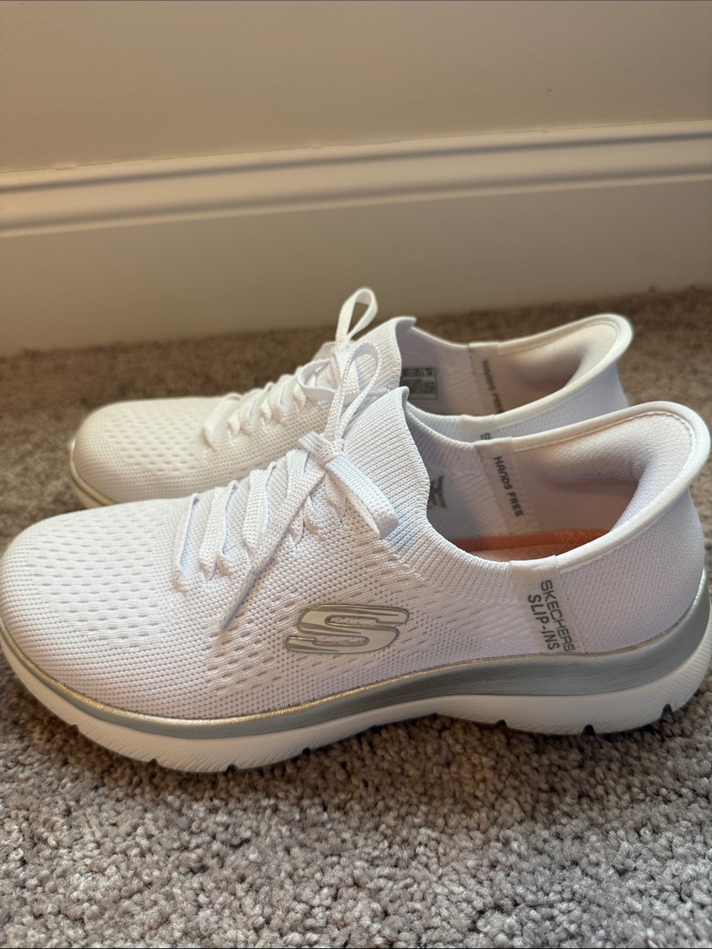 Skechers White Knit Slip on Casual Walking Shoes - Picture 3 of 7